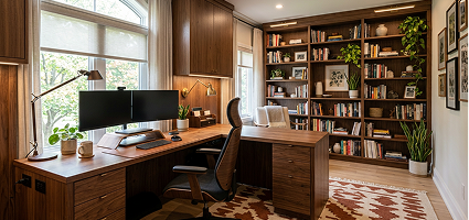 Custom home office with built-in bookshelves, wood desk, and dual monitor setup for a functional, organized workspace