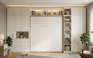 Murphy wall bed with built-in side cabinets and overhead storage for space-saving guest room or home office design