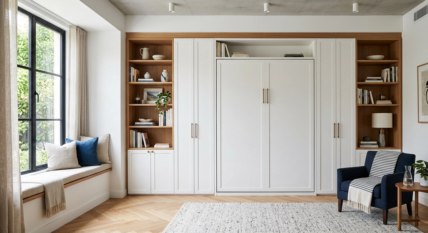 Custom Murphy bed closed into a white and oak cabinet wall, flanked by bookshelves and a window seat.