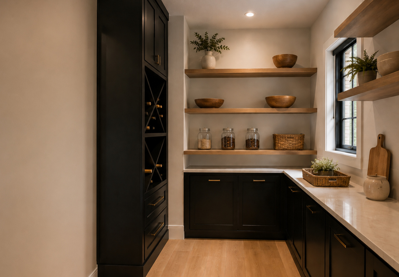 Walk-in pantry with black cabinetry, an X-lattice wine rack, walnut floating shelves and a stone counter.
