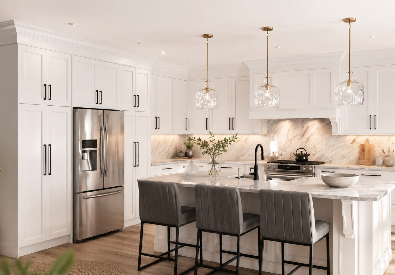 White kitchen with floor-to-ceiling cabinetry flanking the fridge, a marble backsplash and a seated marble island.
