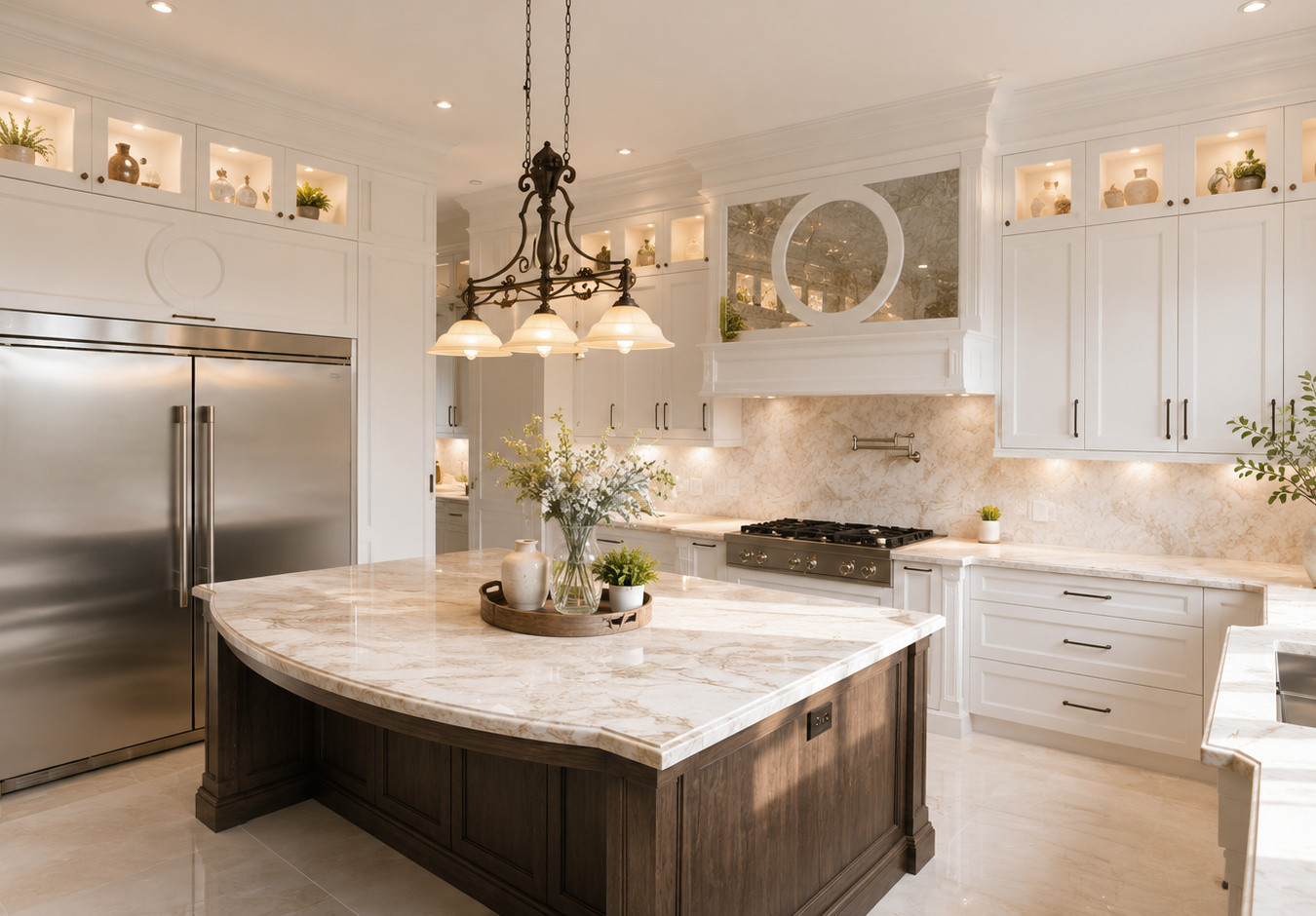 Traditional white kitchen with lit glass display cabinets, a carved hood surround and a large stone-topped island.