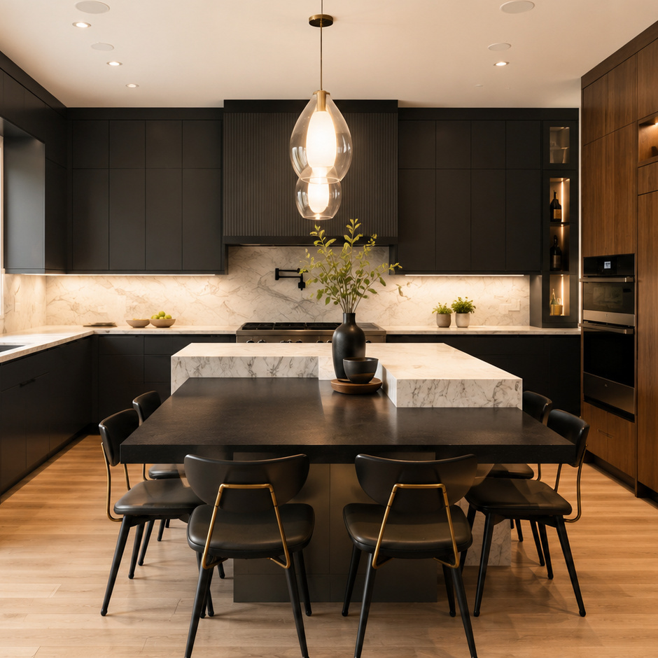 Modern kitchen with matte black cabinetry, a marble waterfall island with an integrated dining table, and a lit walnut display cabinet.