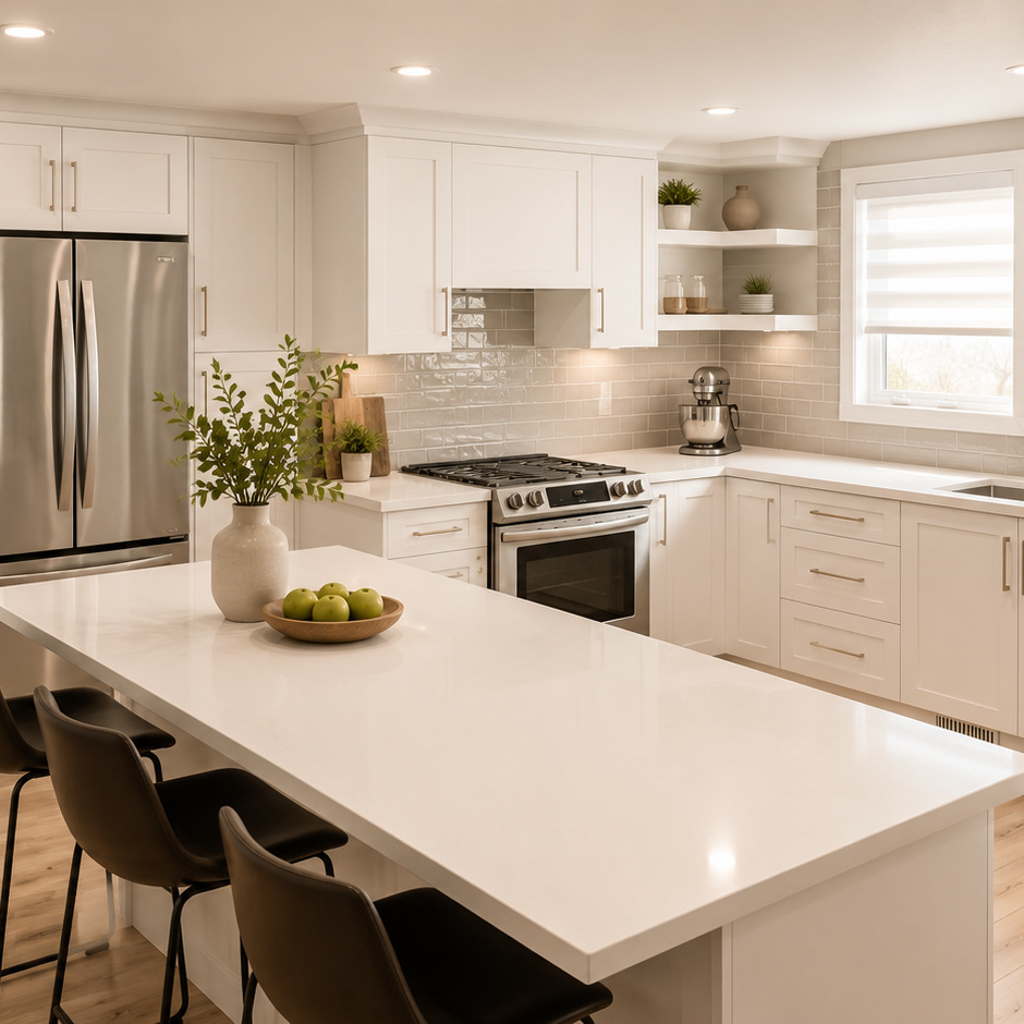 White shaker kitchen with a quartz island, glazed subway tile backsplash and open corner shelving.