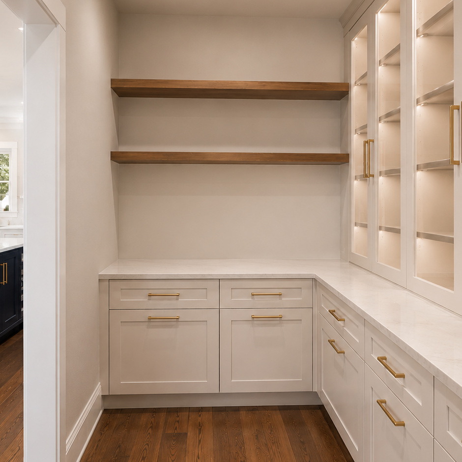 Butler's pantry with glass-front lit upper cabinets, walnut floating shelves and a stone prep counter.