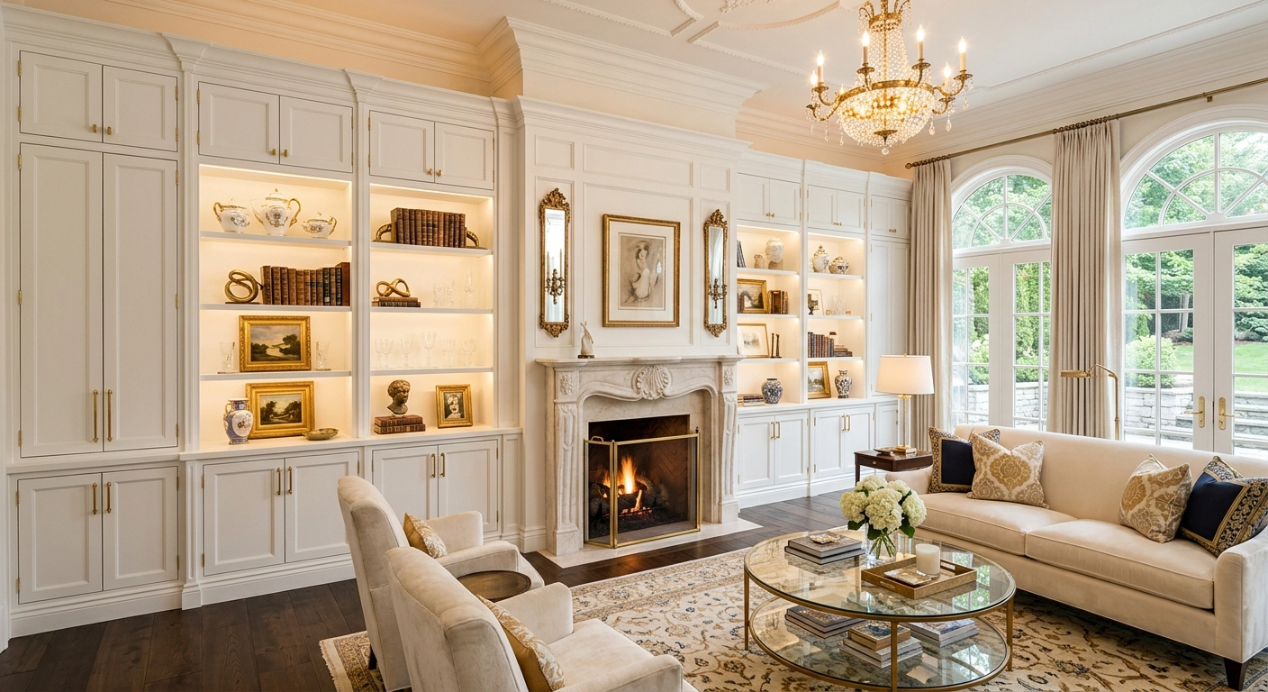 Custom wall unit in a Toronto home: white built-in cabinetry and lit display shelving flanking a marble fireplace.