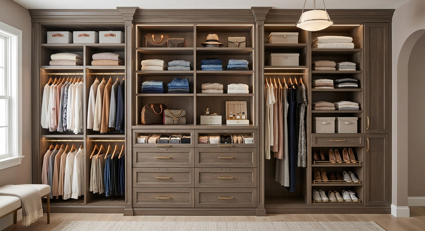 Built-in wardrobe wall in a Toronto home: floor-to-ceiling cabinetry with lit shelving, drawers and open hanging.