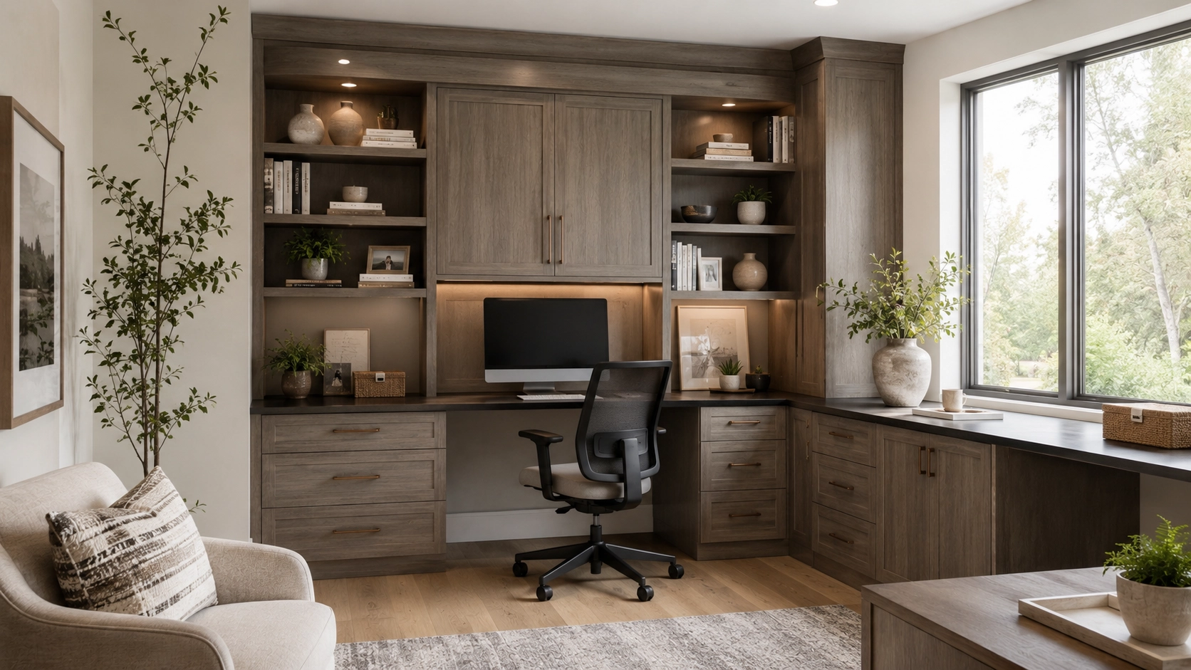 Custom home office in grey-oak cabinetry: L-shaped built-in desk with upper cabinets, open shelving, drawer banks and integrated lighting.