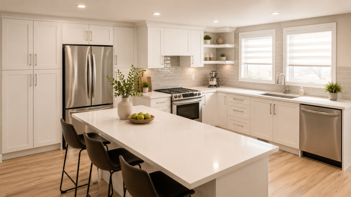 Bright modern kitchen with white cabinetry, large island, stainless steel appliances, tile backsplash, open shelving, and bar seating.