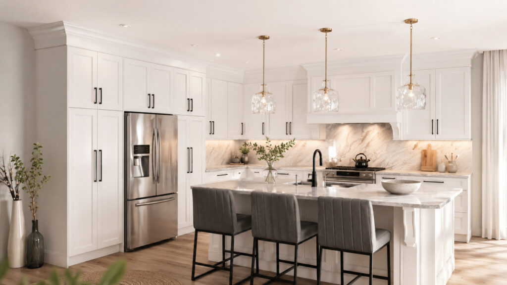 Bright white custom kitchen with marble countertops, built-in cabinetry, stainless steel fridge, island seating, and pendant lighting.