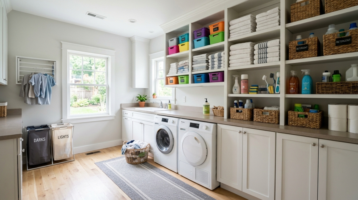 Bright laundry room with washer and dryer, open shelving, folded towels, labelled baskets, cleaning supplies, and divided laundry hampers.