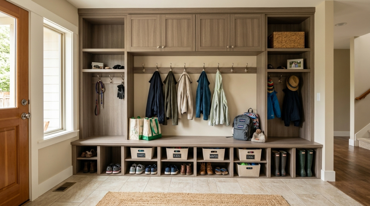 Organized mudroom with built-in wood lockers, coat hooks, shoe cubbies, labelled bins, upper cabinets, and bench seating near the entryway.