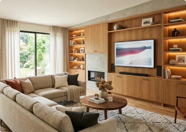Living room with built-in cabinets, TV, and fireplace