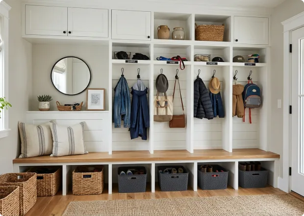 Custom mudroom storage with built-in cubbies, hooks, and bench for organized, space-saving entryway design