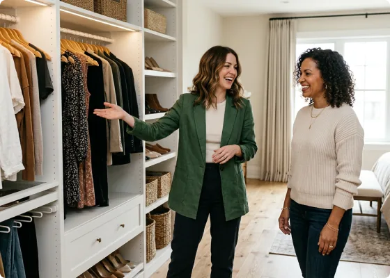Custom walk-in closet with built-in shelving and hanging storage, featuring two women reviewing organized wardrobe design