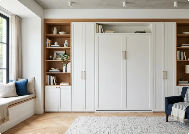 Built-in storage wall with cabinets and shelves