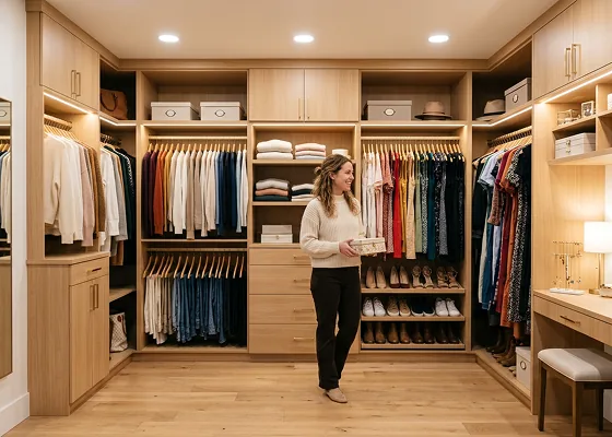 Finished walk-in closet in light oak with double-hung clothes rails, shoe shelving, a drawer bank and a lit vanity.