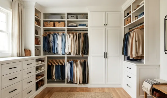 Closet makeover after with custom built-in shelves, drawers, and hanging storage for organized, space-saving design