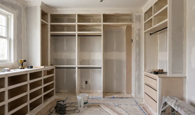 Closet renovation with custom built-in shelving and cabinetry installation for a modern, organized storage system