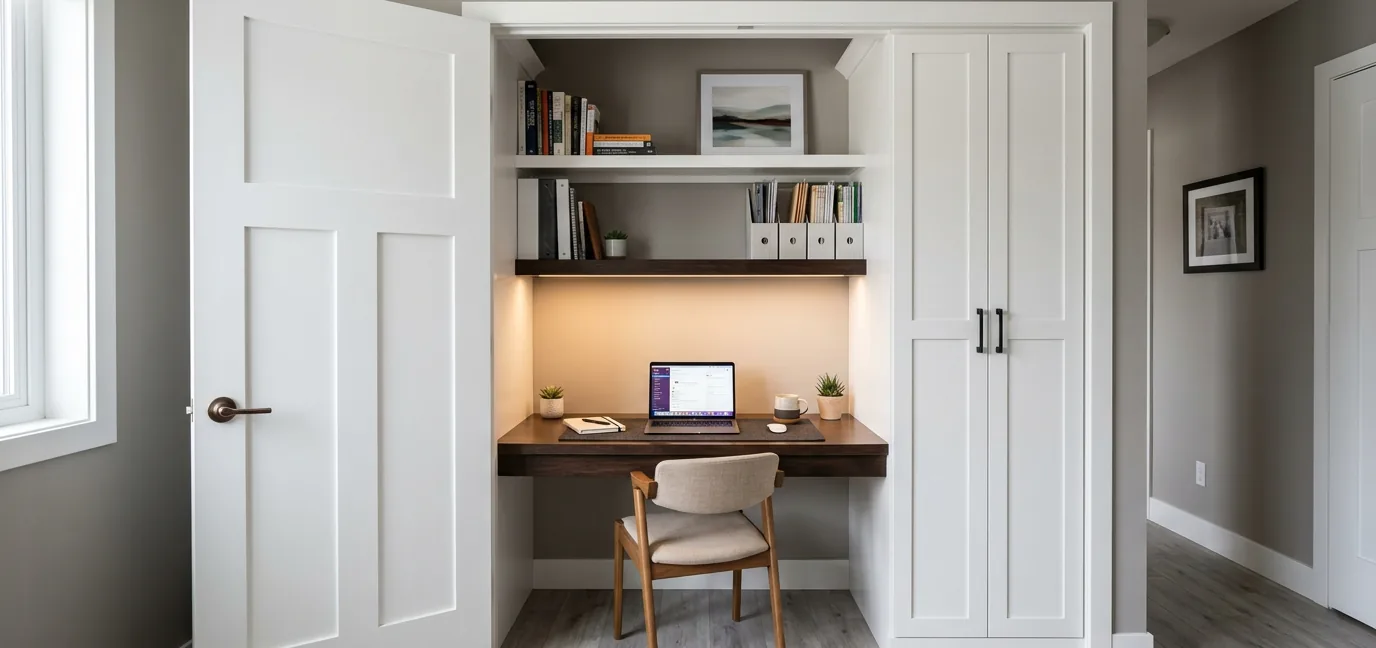 Closet-to-office conversion with custom built-in desk and shelving for space-saving home office design