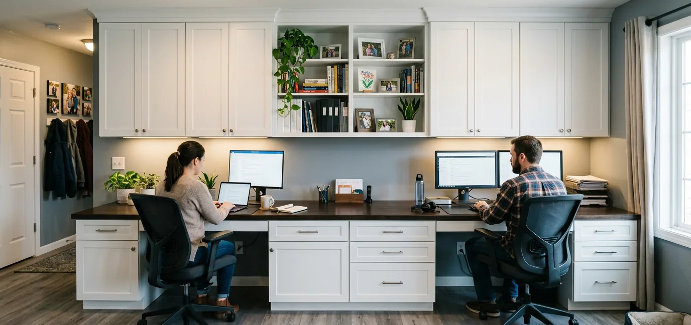 Dual workstation setup with two desks, computers, and organized office space in a modern home workspace