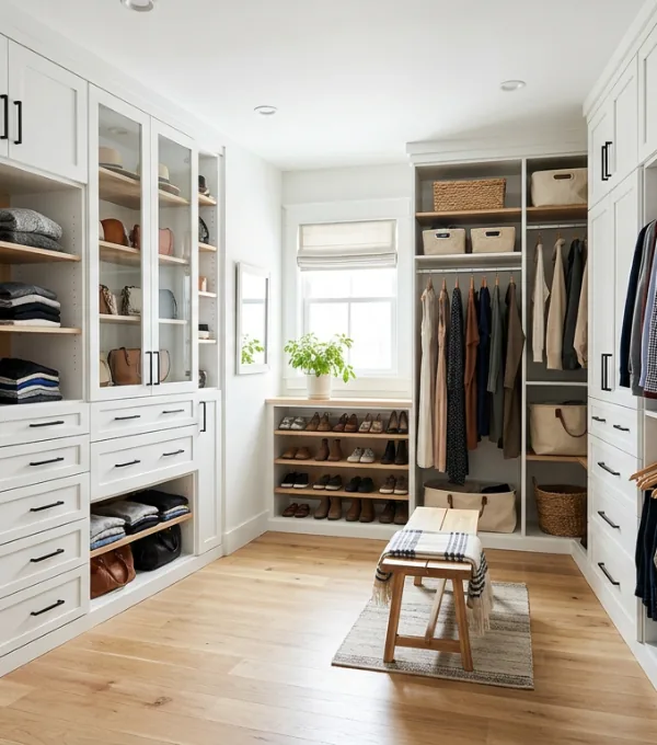 Custom luxury walk-in closet with built-in shelves, drawers, and hanging storage for a modern, organized wardrobe system