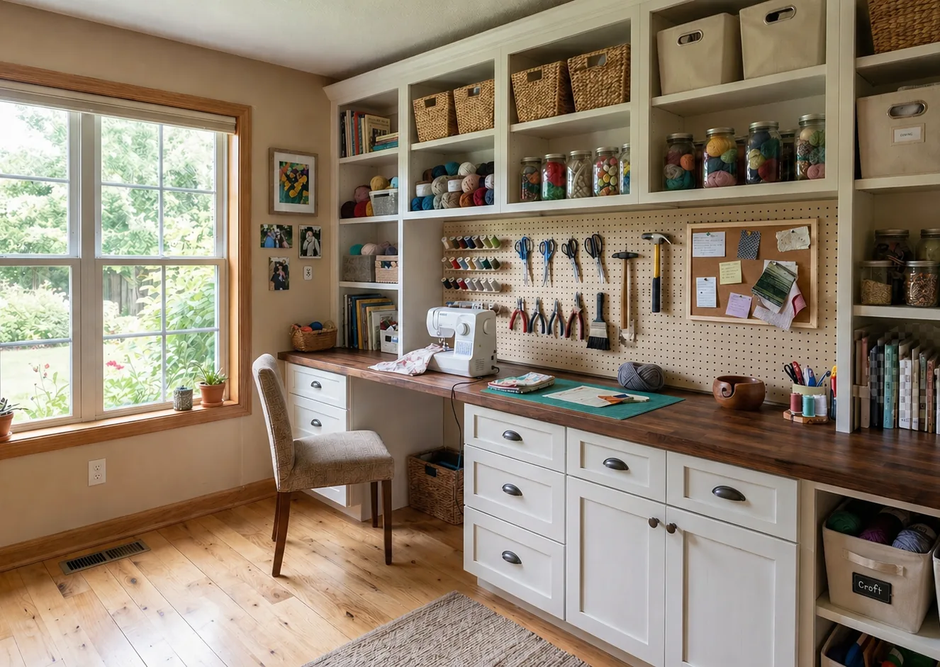 Cozy hobby room with organized workspace, shelves, and creative supplies in a bright, modern home studio