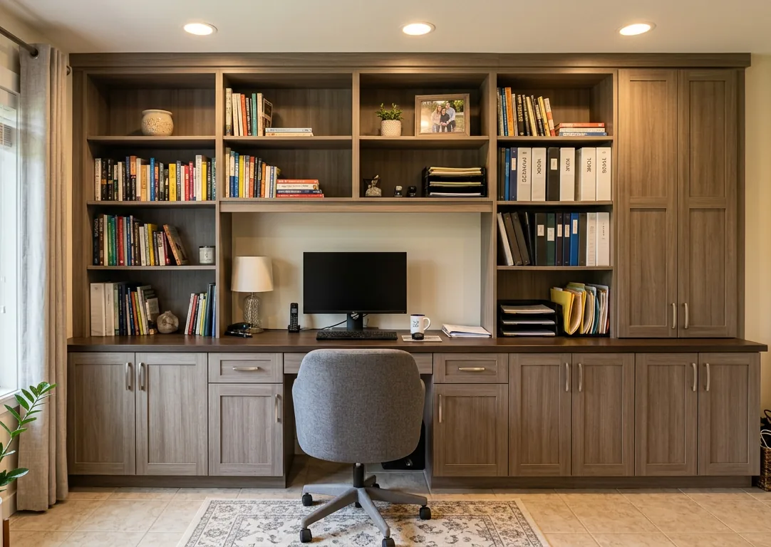 Modern home office with built-in desk, shelving, and organized workspace in a clean, contemporary design
