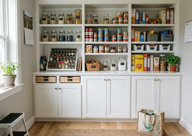 Bright kitchen pantry with open shelving, neatly organized food containers, jars, and storage baskets for a clean, functional space
