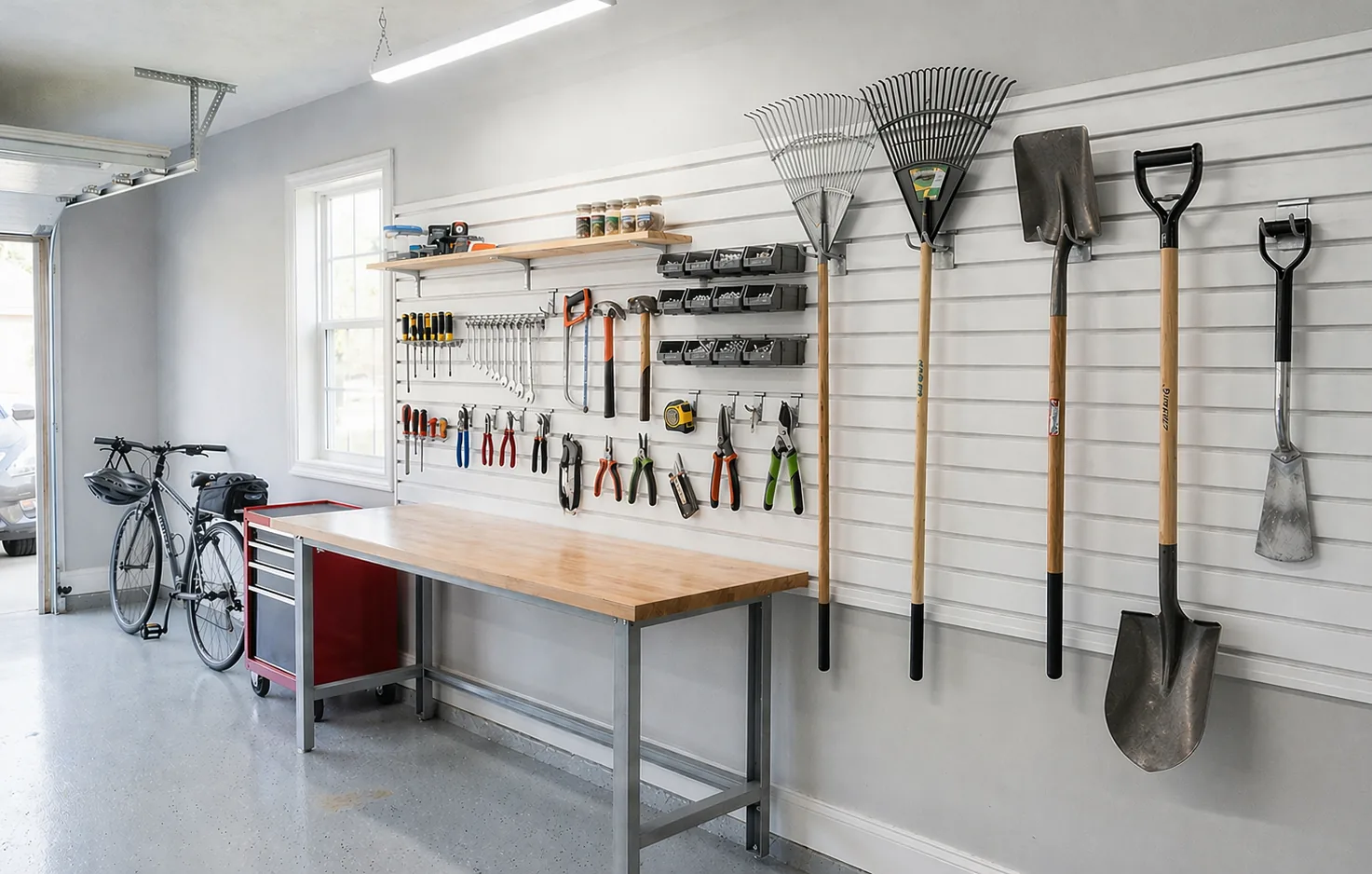 Garage slat wall storage with modular panels, hooks, and shelves for customizable, space-saving organization
