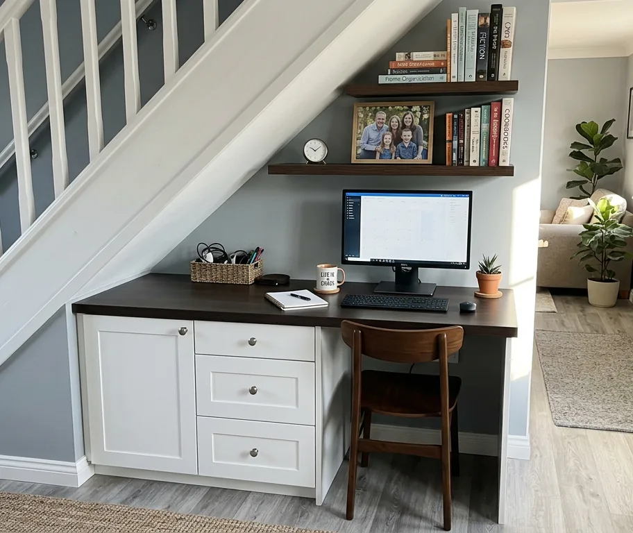 Custom under-stair desk with built-in shelving and workspace for space-saving home office design