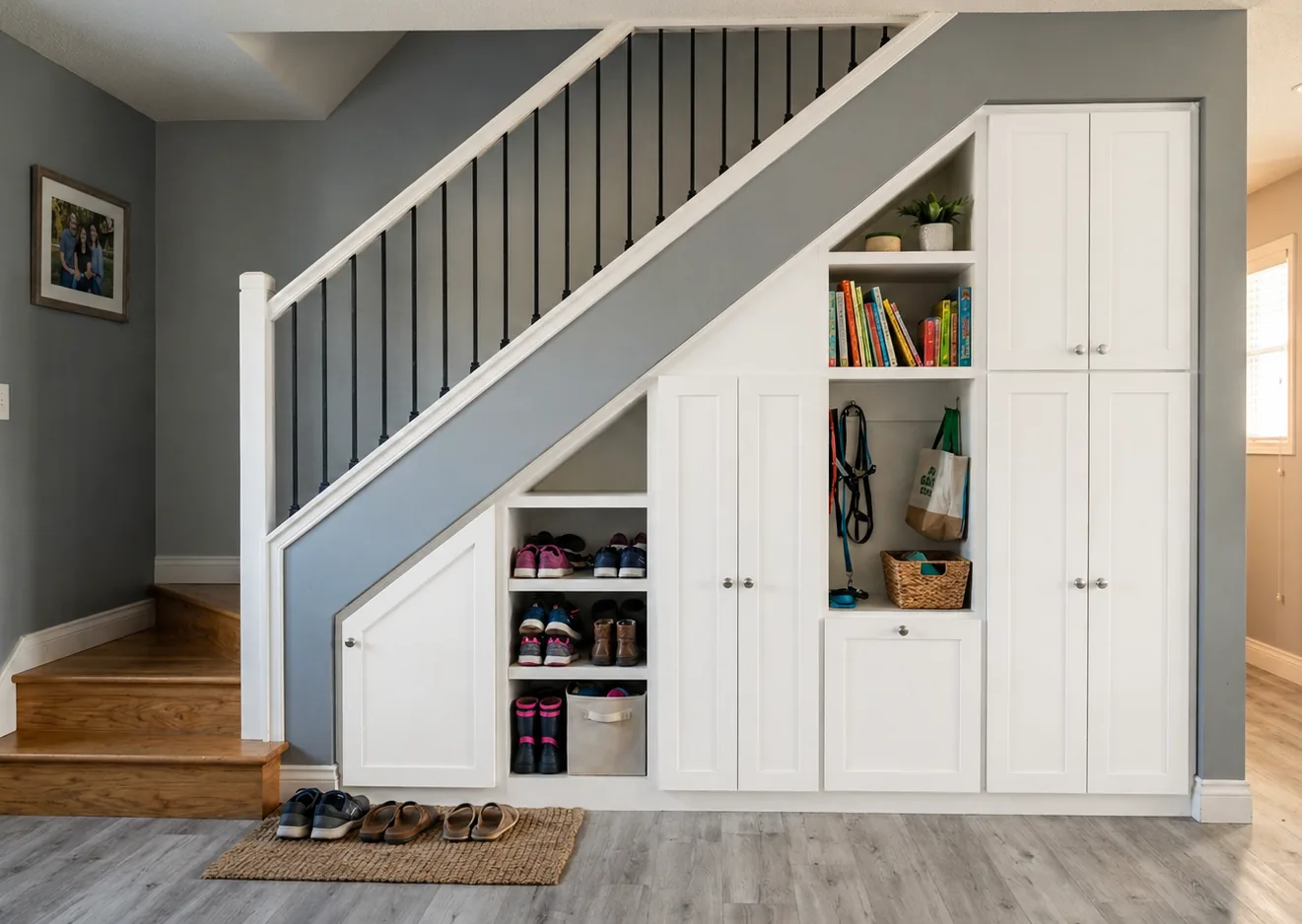 Custom under-stair storage with built-in cabinets and pull-out drawers for hidden, space-saving home organization