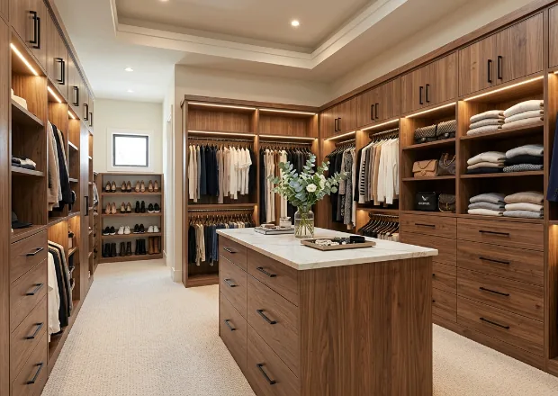 Walk-in closet with shelves, drawers, and hanging storage