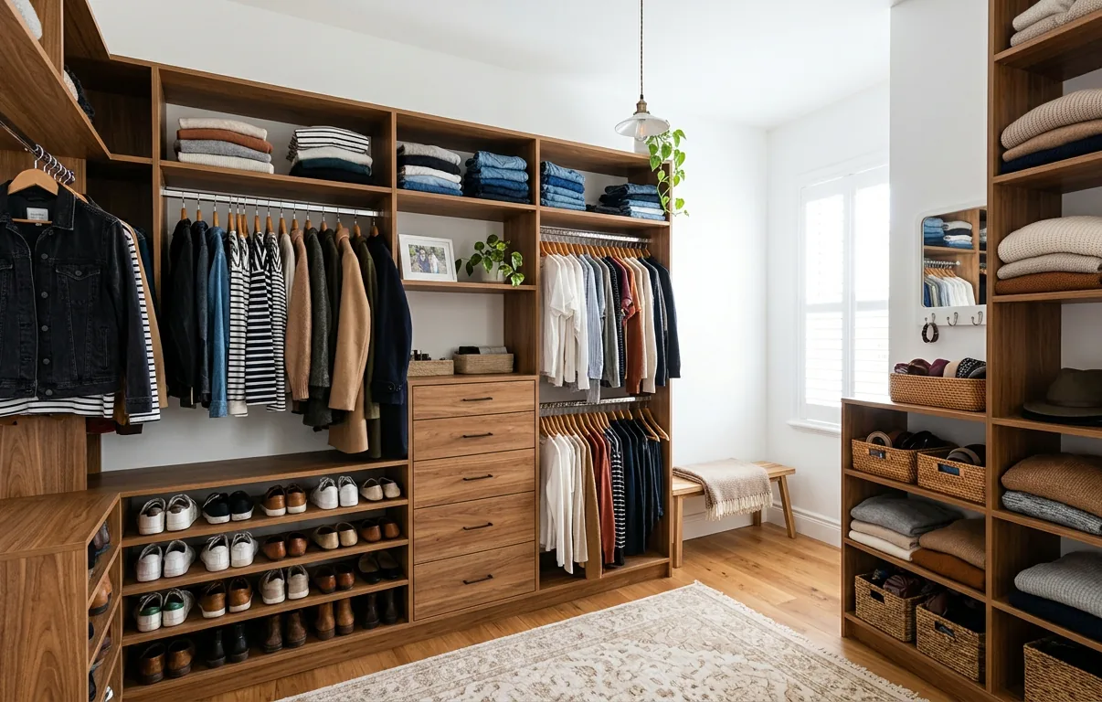 Walk-in closet with shelves, drawers, and hanging storage