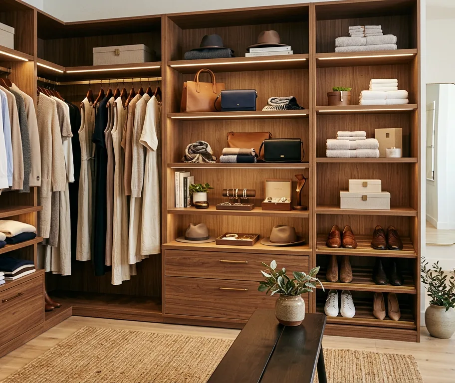 Custom walk-in closet with built-in shelves, drawers, and hanging rods for organized, space-efficient wardrobe storage