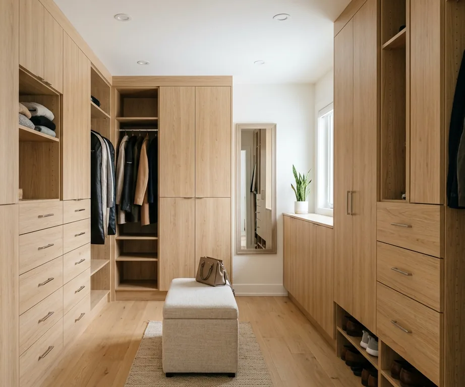 Walk-in closet with built-in shelves and hanging storage